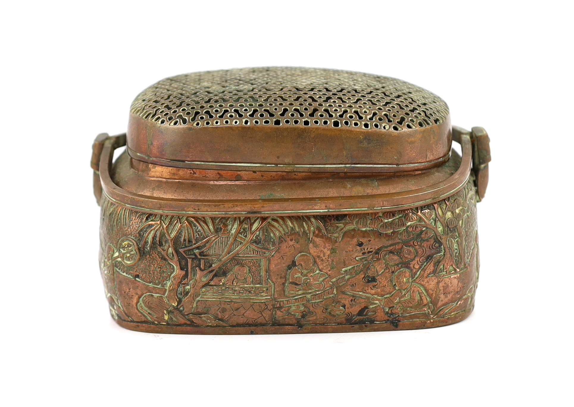 A Chinese embossed copper hand warmer, 17th/18th century